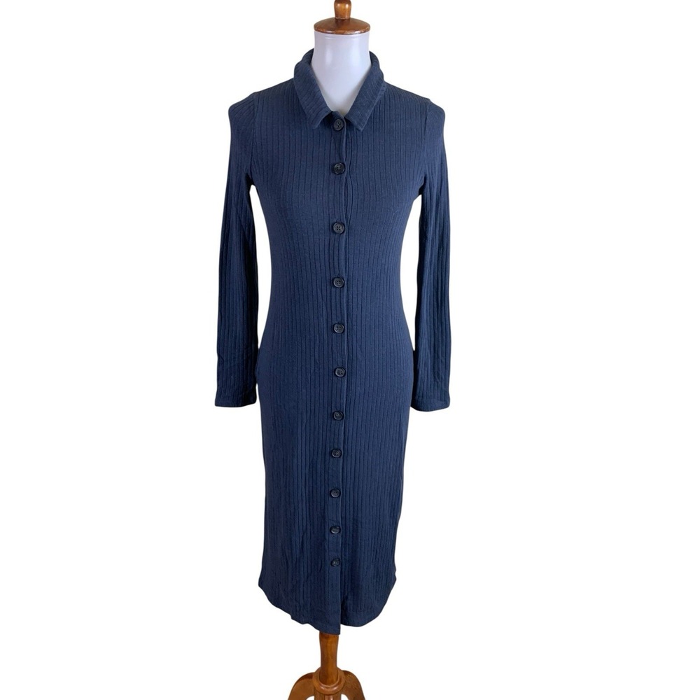 Madewell‎ Ribbed Knit Button Front Midi Dress Long Sleeve Blue Small
